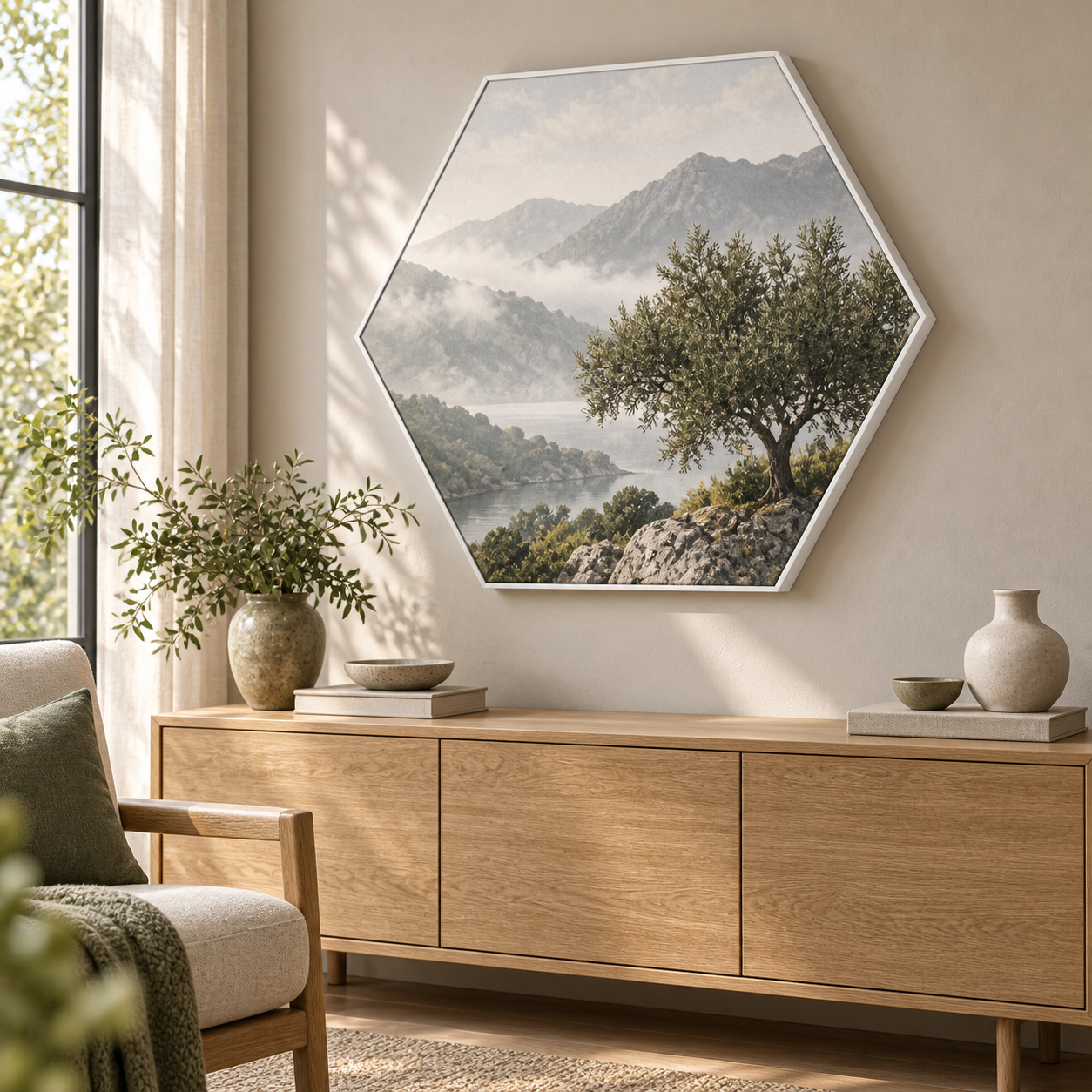 Grote akoestische hexagon met wit frame en landschapsfoto boven een eiken dressoir