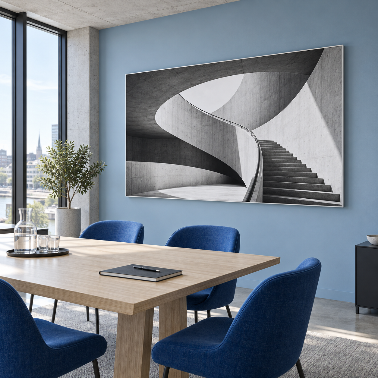 AcousticPro paneel met architectuurfoto en wit frame in een blauwe vergaderruimte