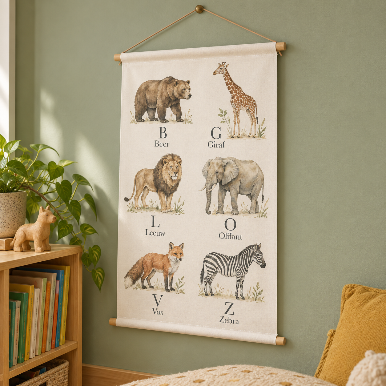 Textielposter met geïllustreerde dieren in een groene leeshoek
